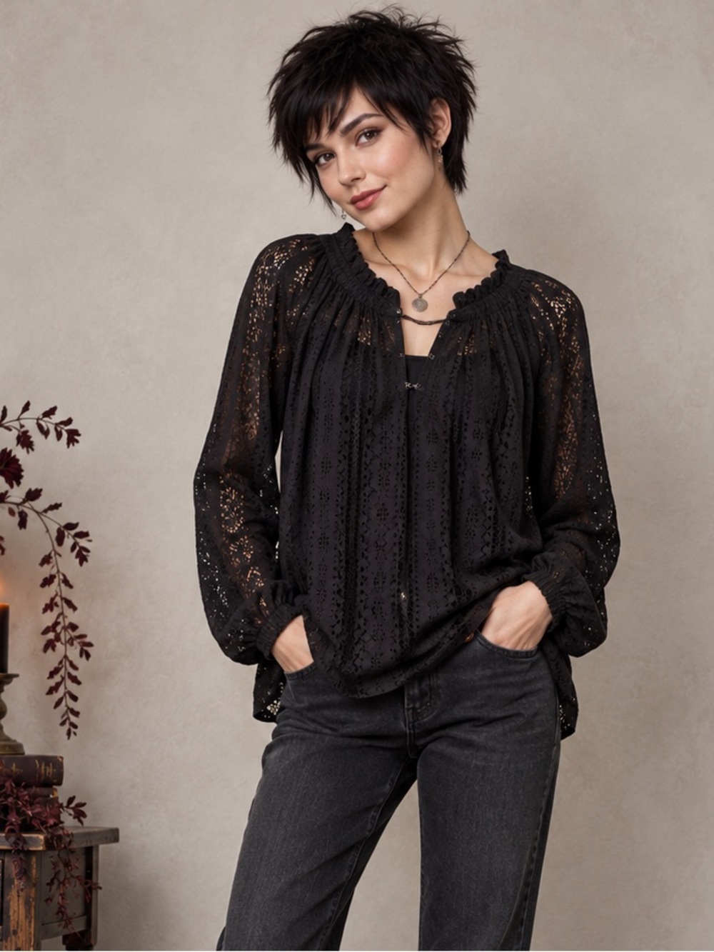 Old Navy Black Openwork Lace Popover Blouse Whimsigoth Oversized M